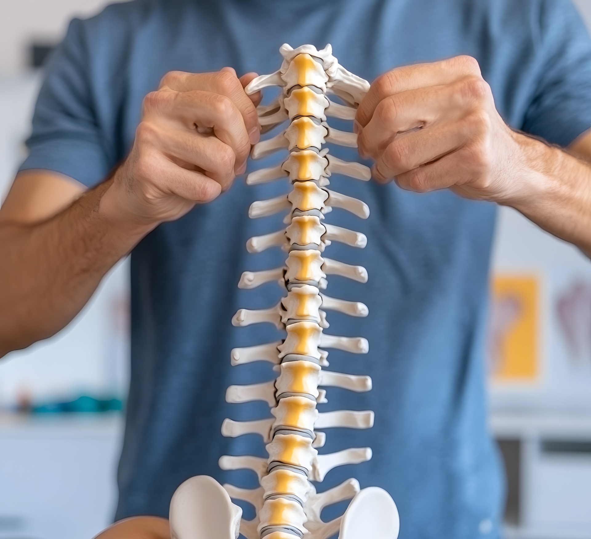 Anatomical spine model held by a chiropractor demonstrating spinal alignment