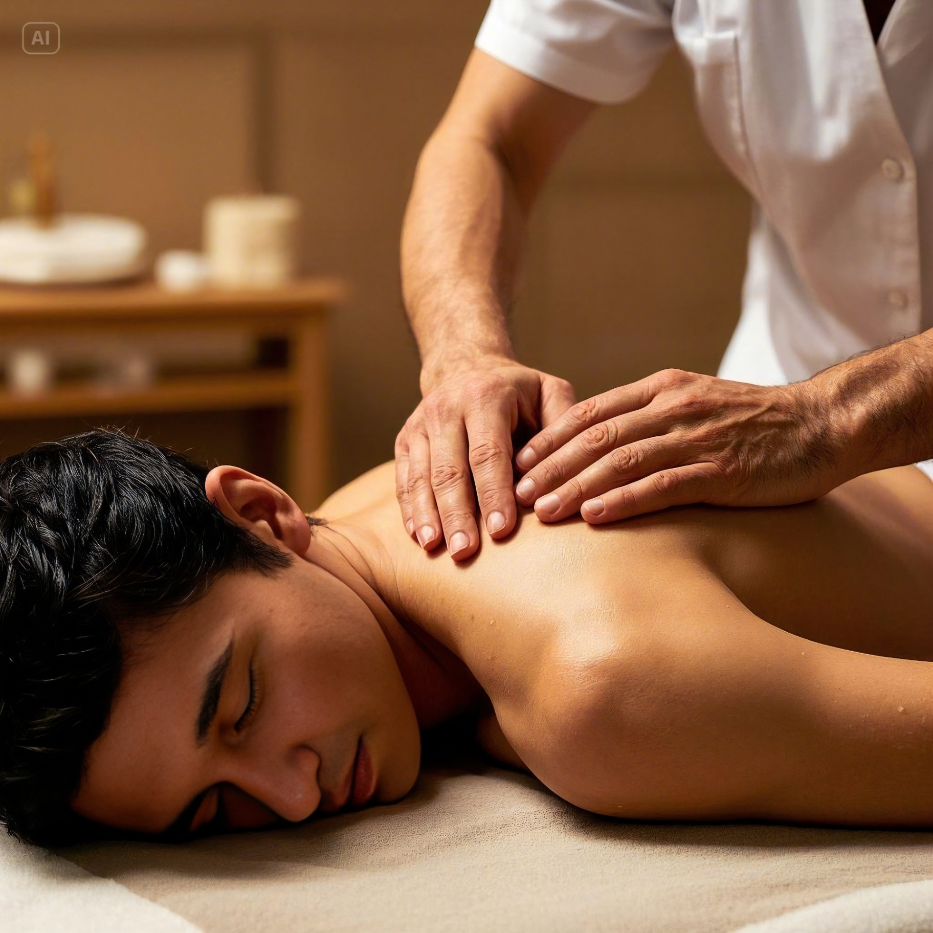 Chiropractor performing hands-on soft tissue therapy on a patient's upper back
